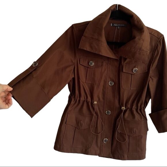 ANNE KLEIN Brown Cotton Stretch Button Front Jacket With Wide Sleeves M - Picture 2 of 8